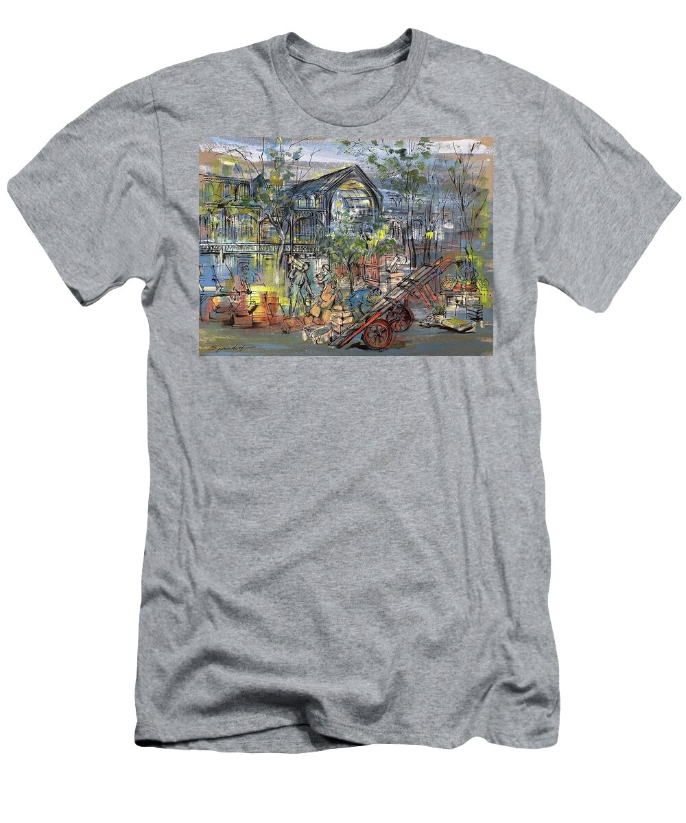 It Is The Les Halles In Paris. T-Shirt featuring the painting Les Halles in Paris by Lily Spandorf