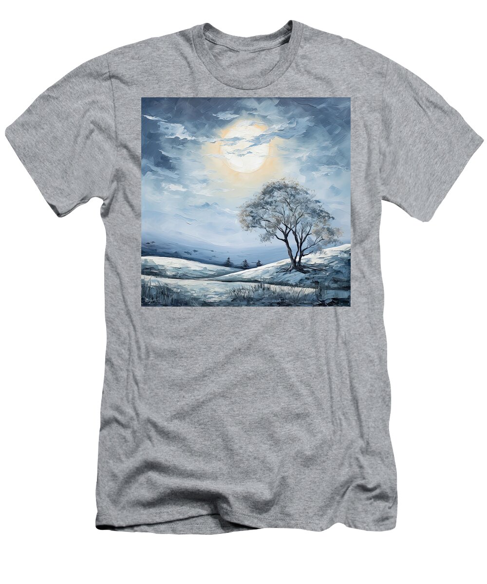 Navy Blue Art T-Shirt featuring the painting Light Blue and Gray Artwork by Lourry Legarde