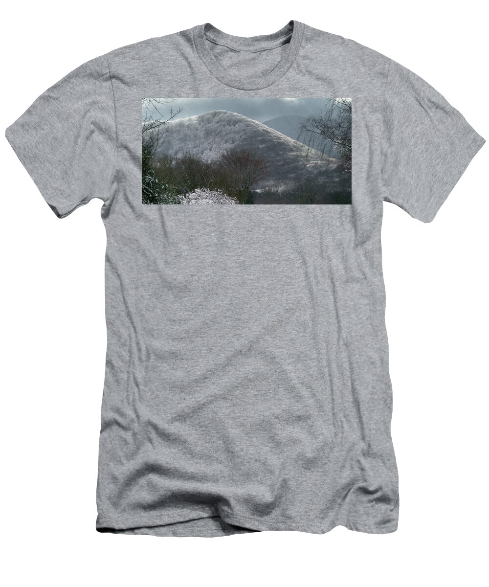 Autumn T-Shirt featuring the photograph Light games between clouds and snow on the volcano by Jean-Luc Farges