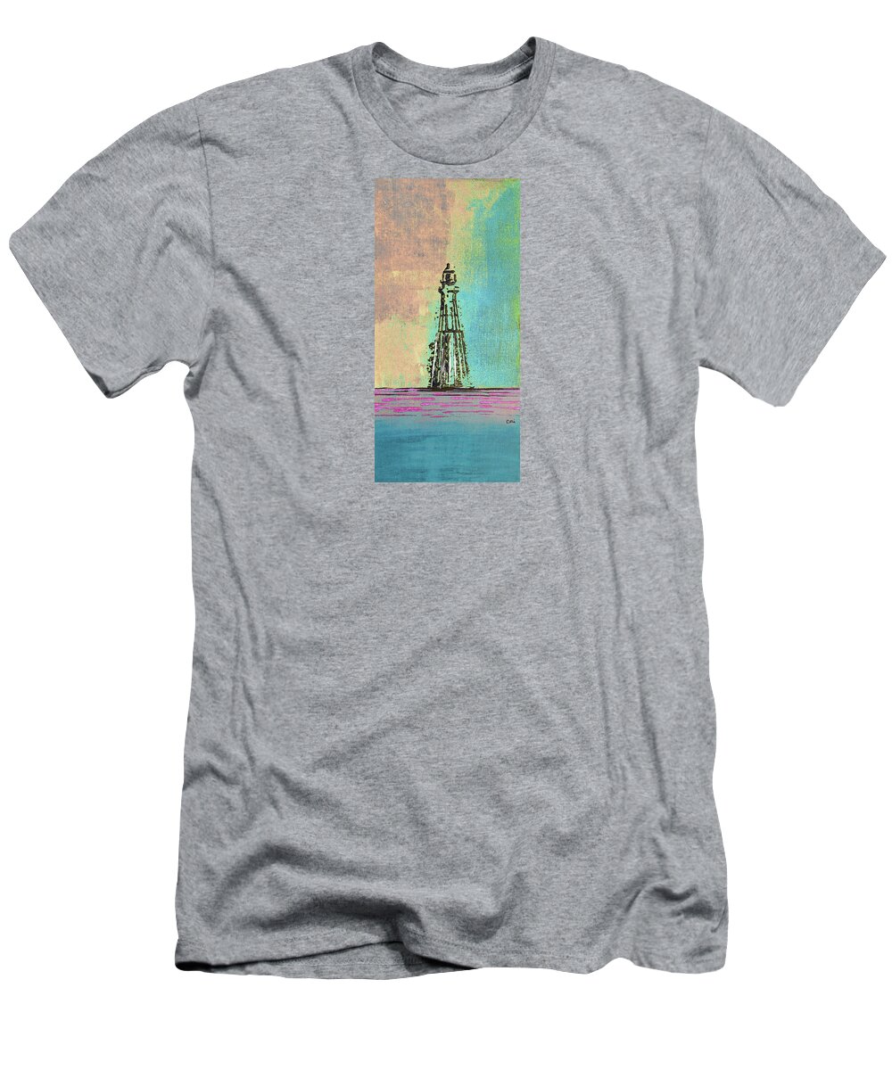 Lighthouse T-Shirt featuring the mixed media Light on the Horizon 1113 Yellow Green Blue by Corinne Carroll