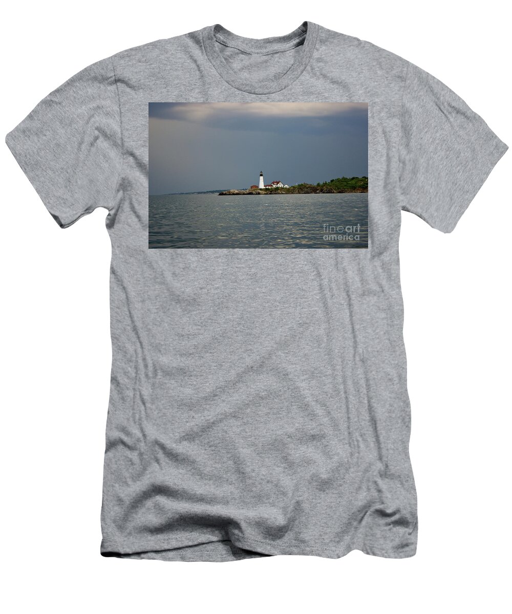 Portland Headlight T-Shirt featuring the pyrography Lighthouse before the storm by Annamaria Frost