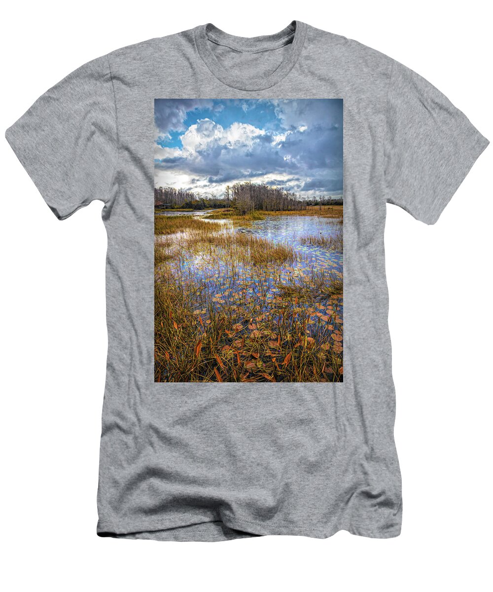 Marsh T-Shirt featuring the photograph Lilypads in the Autumn Marsh Waters by Debra and Dave Vanderlaan