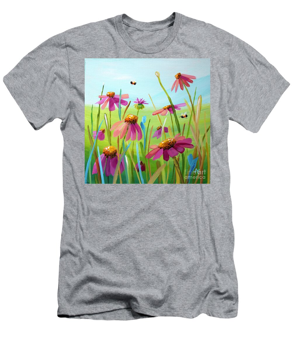 Pink Daisies T-Shirt featuring the painting Little Ballerinas - Cone Flowers painting by Annie Troe