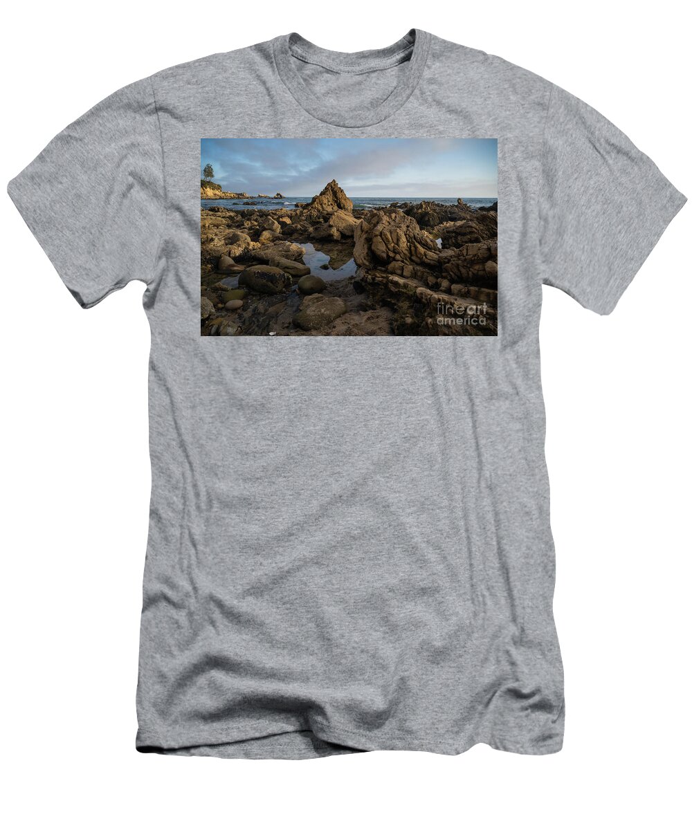 Little Corona Del Mar Beach T-Shirt featuring the photograph Rocky Tide Pools and Arch Rock Reflections by Abigail Diane Photography
