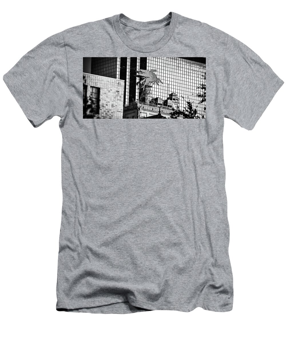 Dallas Texas T-Shirt featuring the photograph Lone Star Flying Pegasus Monochrome Panorama - Dallas Texas by Gregory Ballos