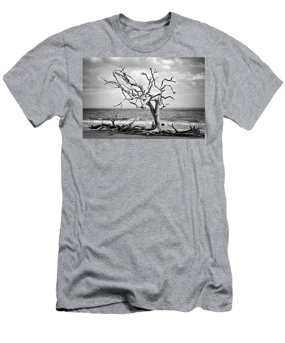 Driftwood Beach T-Shirt featuring the photograph Lone Tree on Jekyll Island's Driftwood Beach 113 by Bill Swartwout