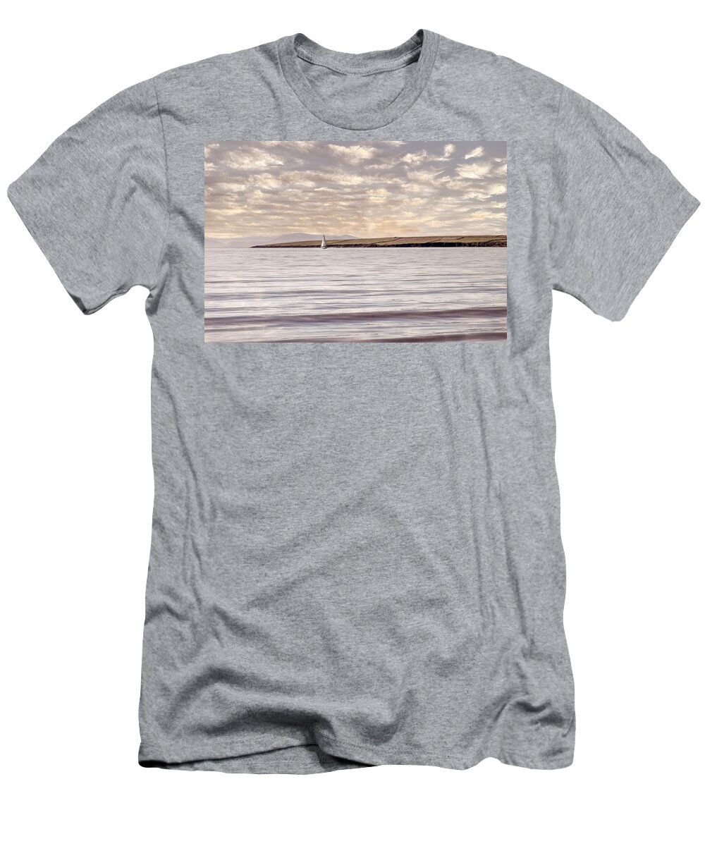 Boats T-Shirt featuring the photograph Lone White Sailboat in Ireland in Neutral Vintage Tones by Debra and Dave Vanderlaan