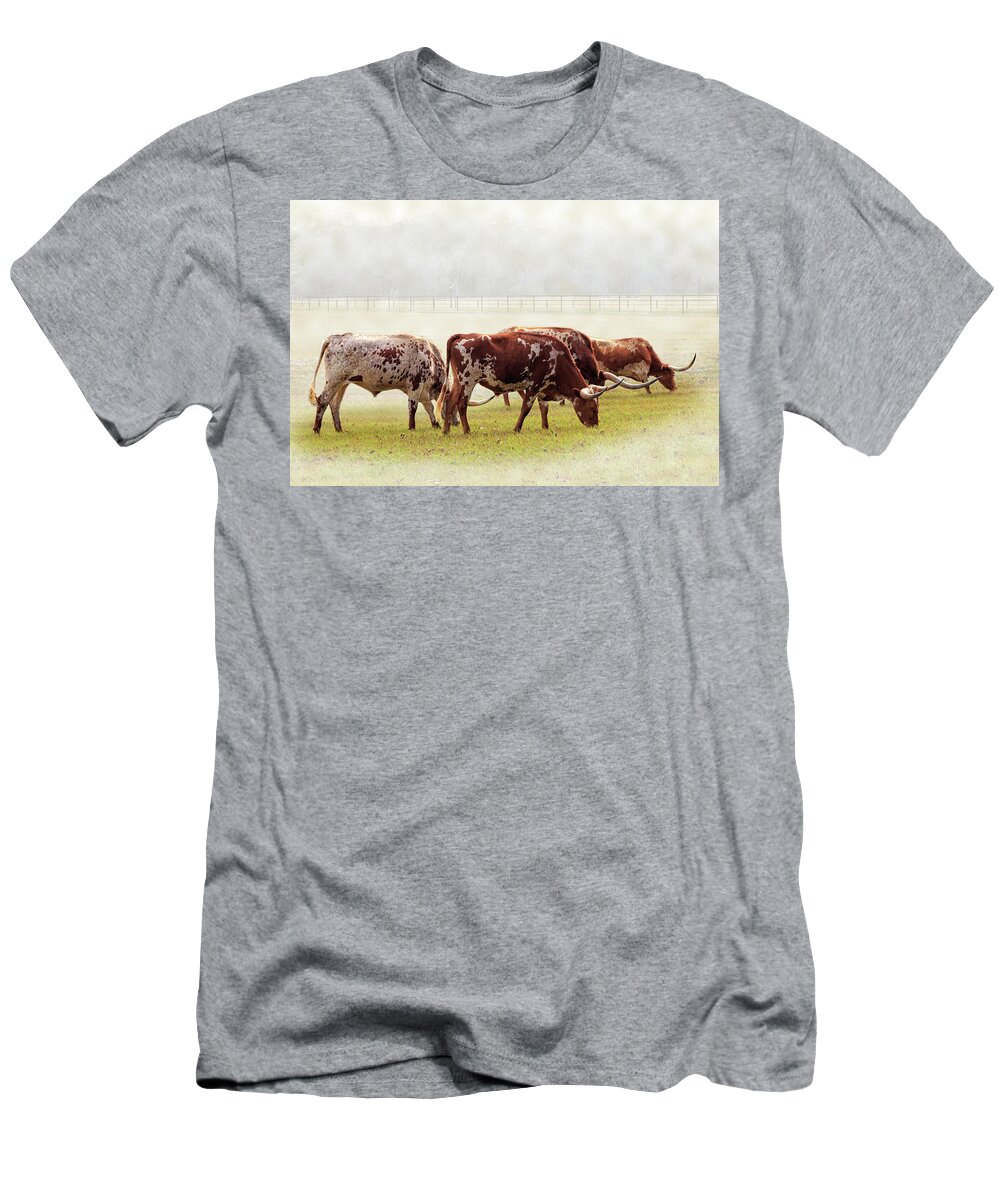 Longhorns T-Shirt featuring the photograph Longhorns In The Mist by James Eddy