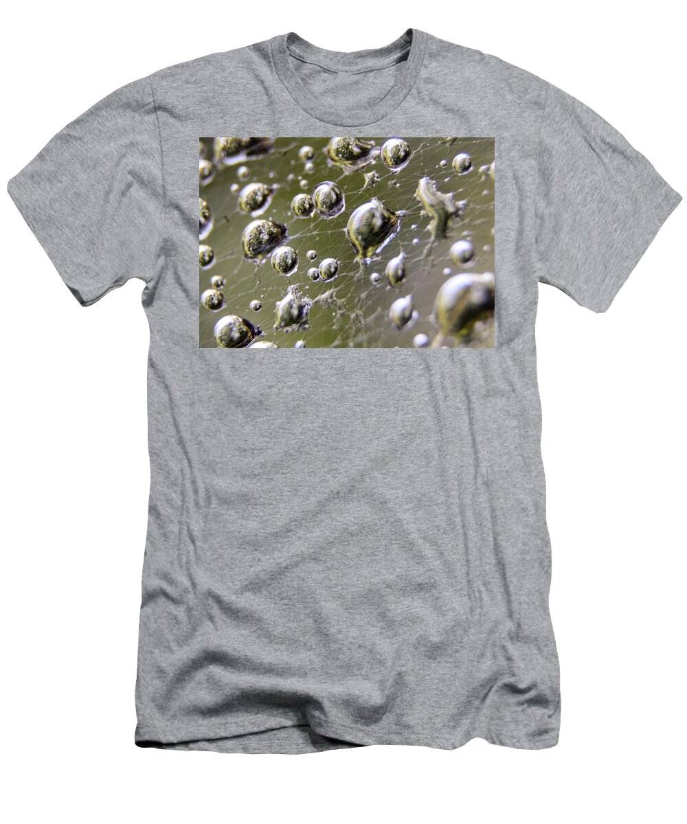 Spider T-Shirt featuring the photograph Macro Photography - Spiderweb Dewdrops by Amelia Pearn