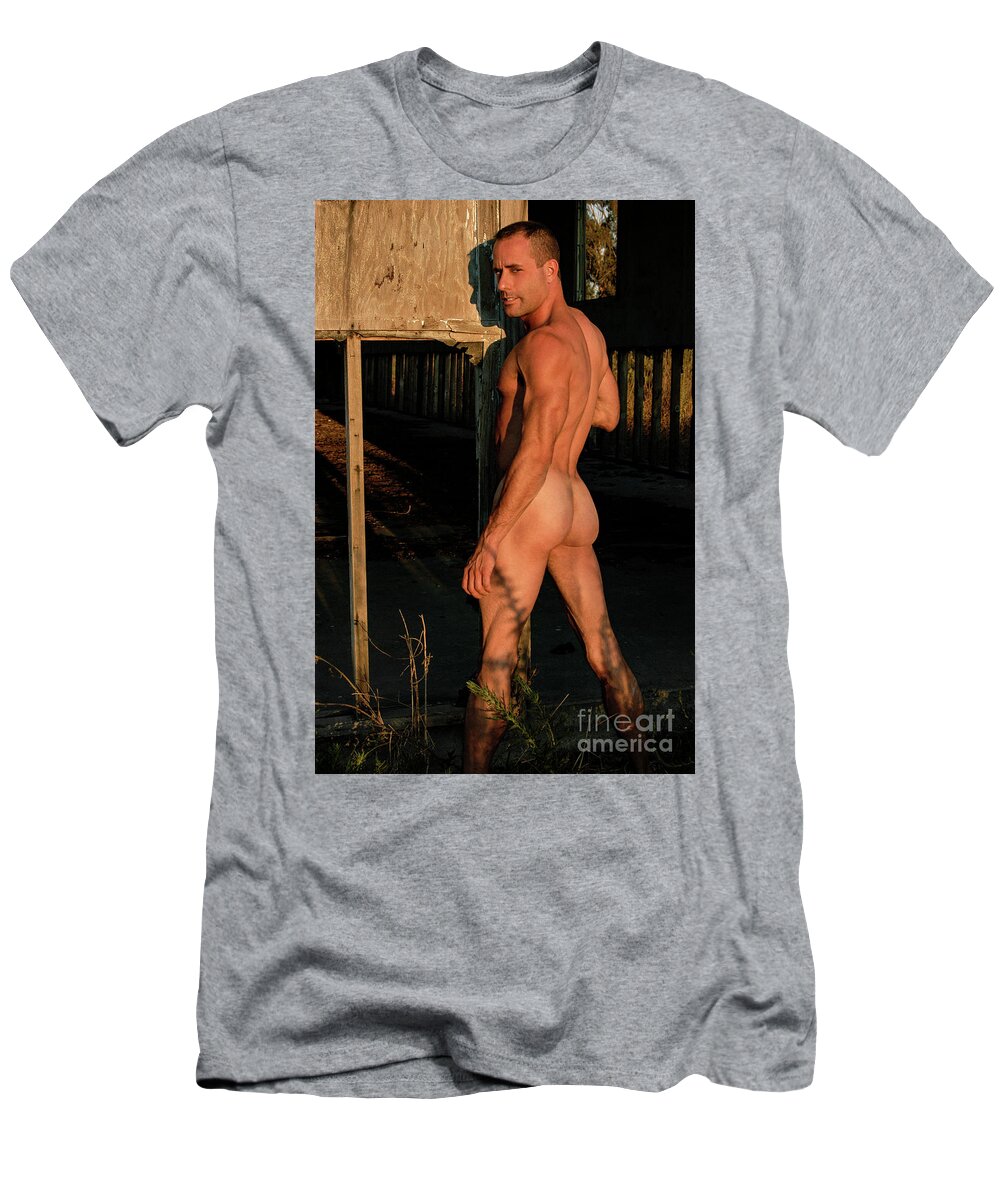 Homoerotic T-Shirt featuring the photograph Male Nude's Rear End in the setting Sun by Gunther Allen