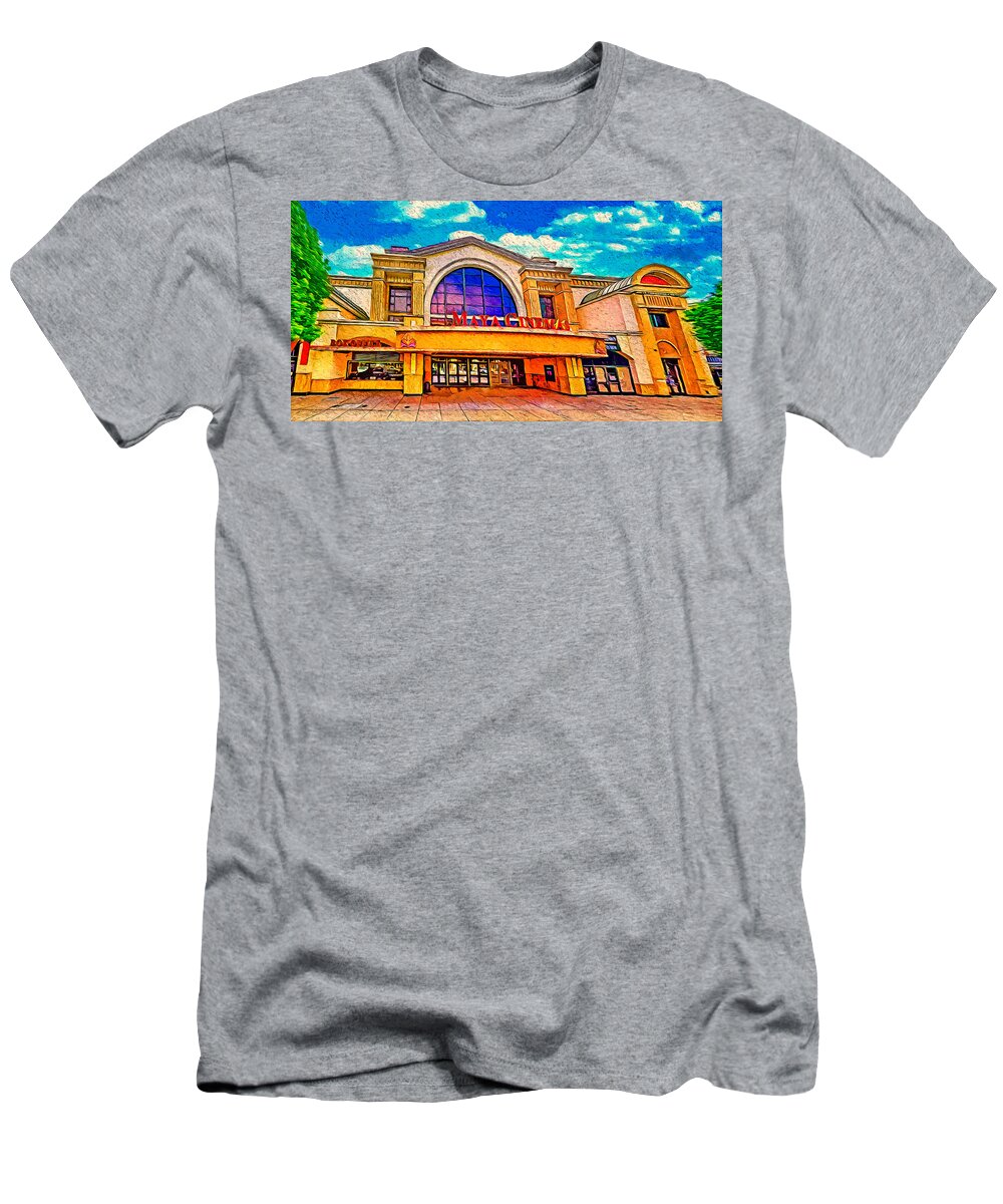 Maya Cinemas T-Shirt featuring the digital art Maya Cinemas building in downtown Salinas, California - digital painting by Nicko Prints