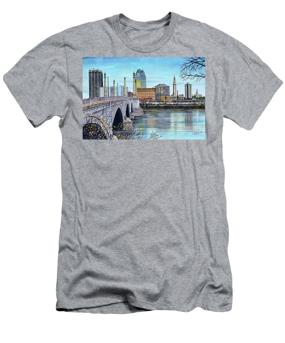 Bridge T-Shirt featuring the painting Memorial Bridge to Springfield MA by Joseph Burger