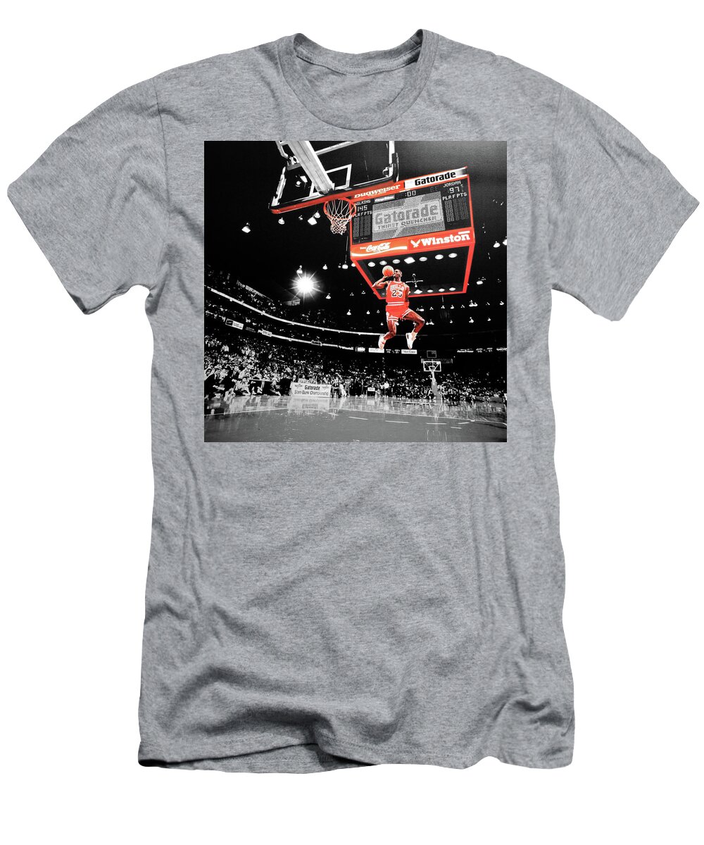 Michael Jordan T-Shirt featuring the mixed media Michael Jordan Slam Dunk Contest by Brian Reaves
