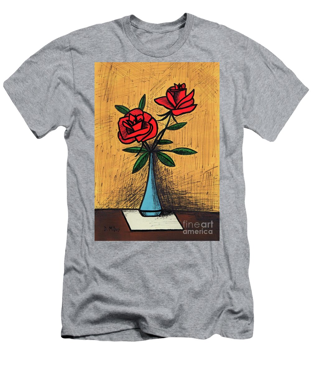 Mid Century Modern Still Life T-Shirt featuring the painting Mid Century Blue Vase with Red Roses Still Life by Donna Mibus