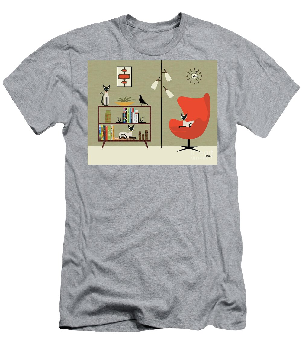 Mid Century Modern T-Shirt featuring the digital art Mid Century Bookcase Room with Siamese by Donna Mibus