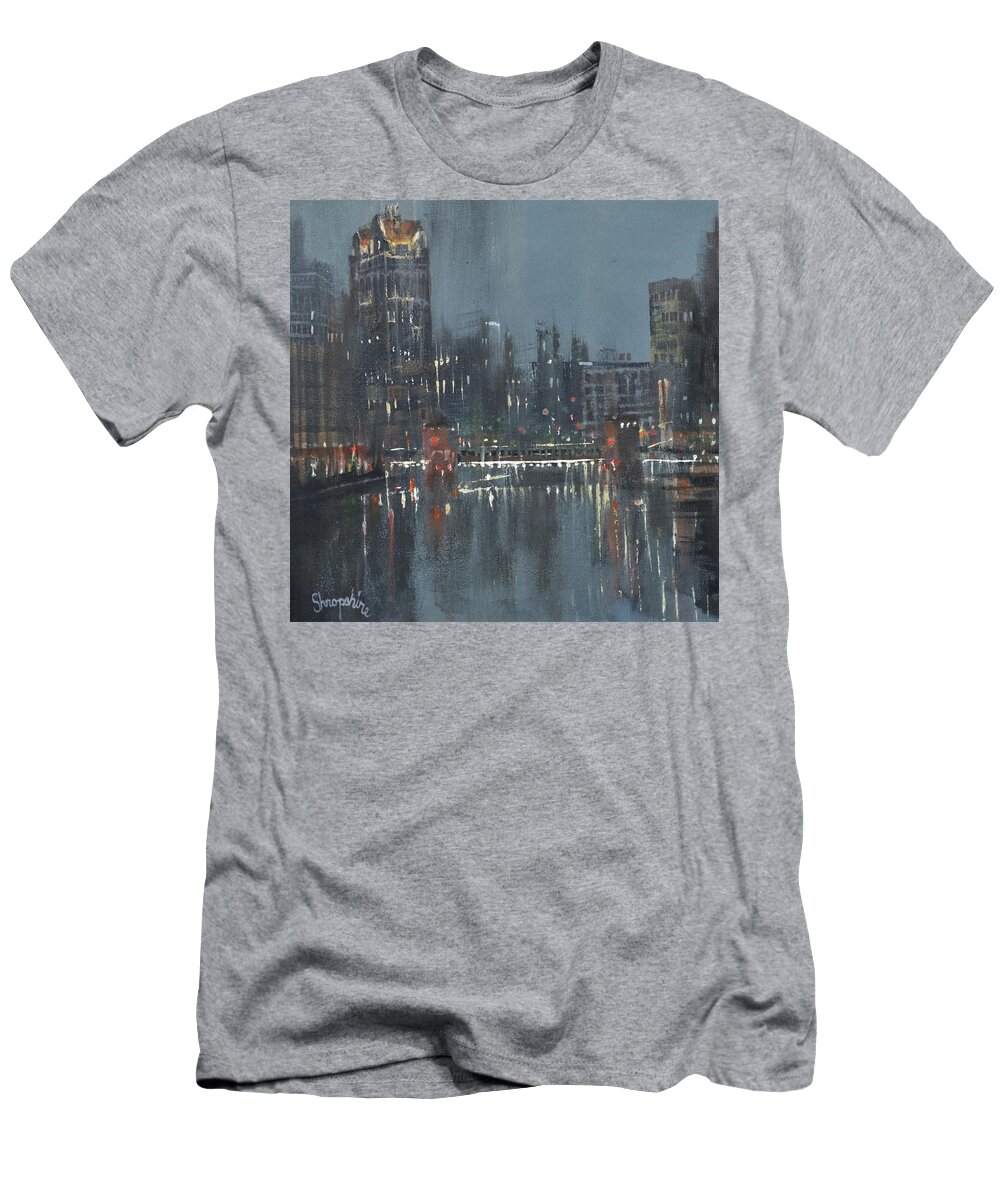Milwaukee T-Shirt featuring the painting Milwaukee Riverwalk by Tom Shropshire