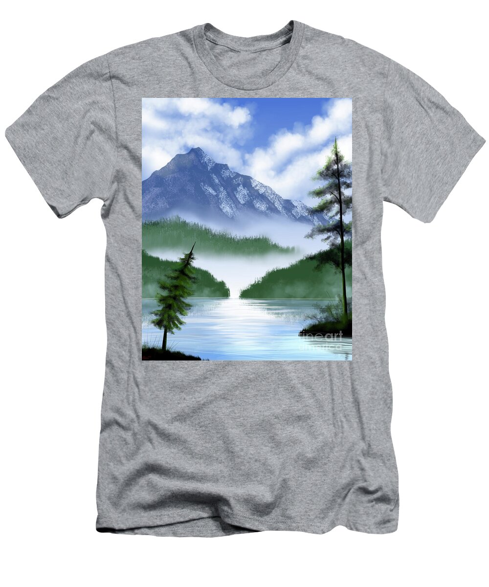 Landscape T-Shirt featuring the digital art Misty Forest Lake by Rohvannyn Shaw