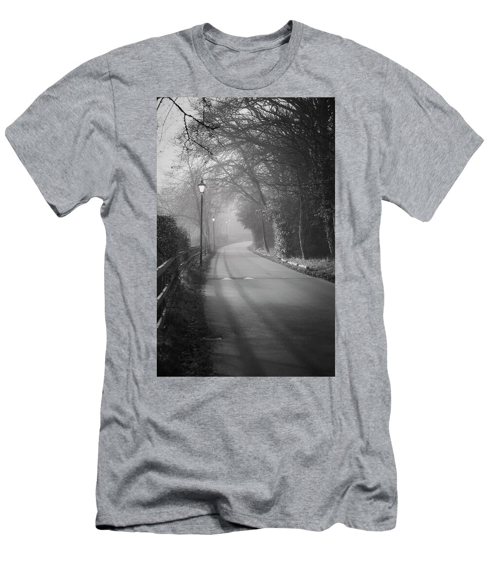 Autumn T-Shirt featuring the photograph Misty Road to Royden by Spikey Mouse Photography