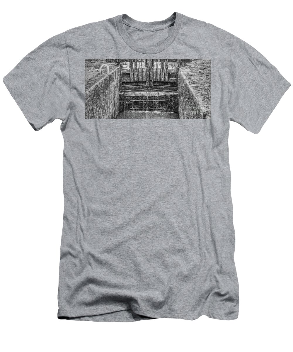 Digital Art T-Shirt featuring the photograph Monochrome-River lock gates-Chadderton Hall Park-Manchester UK by Pics By Tony