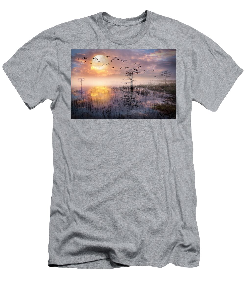 Birds T-Shirt featuring the photograph Moon Rise Flight by Debra and Dave Vanderlaan