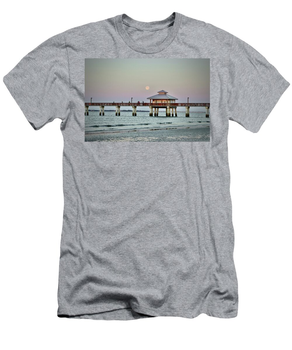 Moon T-Shirt featuring the photograph Moonset Fort Myers Beach by Sarah Lilja