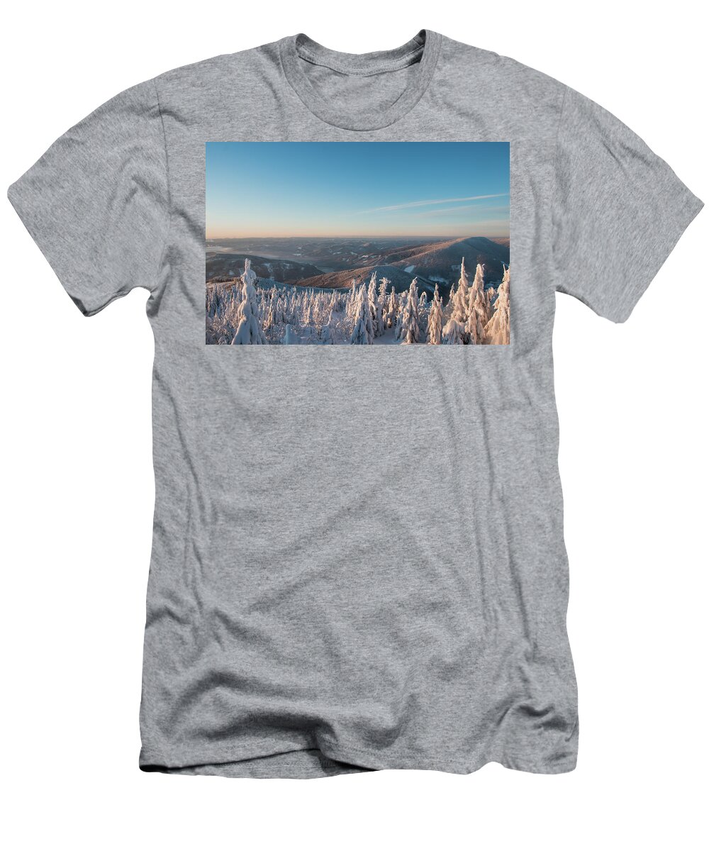 Snowboarding T-Shirt featuring the photograph Morning awakening in a snowy landscape by Vaclav Sonnek