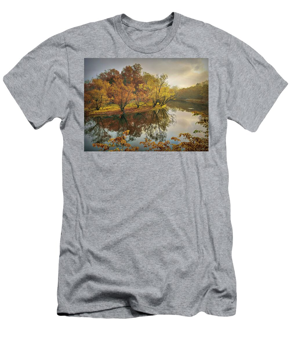 River T-Shirt featuring the photograph Morning Reflections on the Autumn River by Debra and Dave Vanderlaan