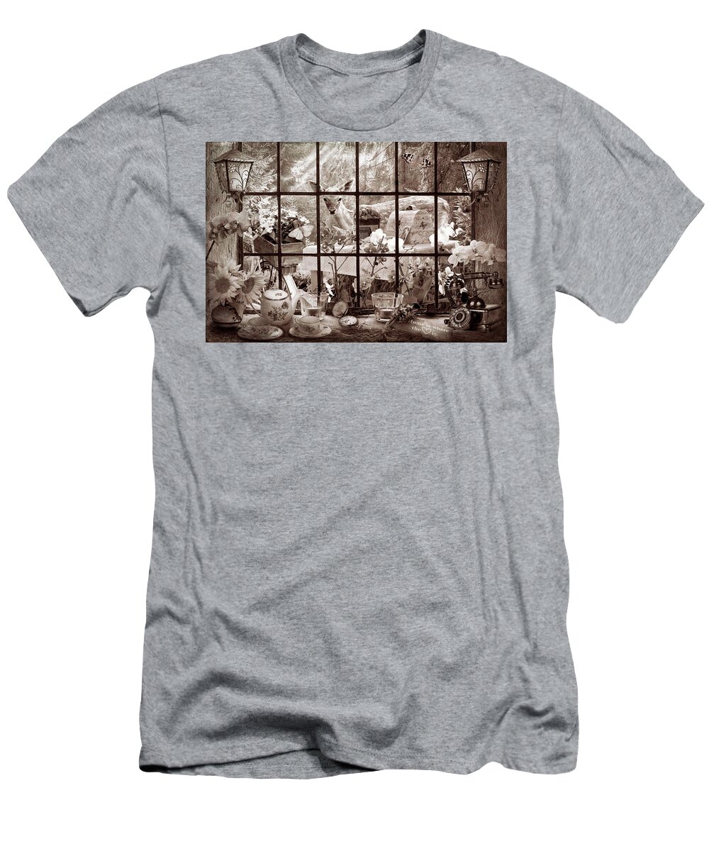 Spring T-Shirt featuring the photograph Morning Visitor in Vintage Sepia by Debra and Dave Vanderlaan