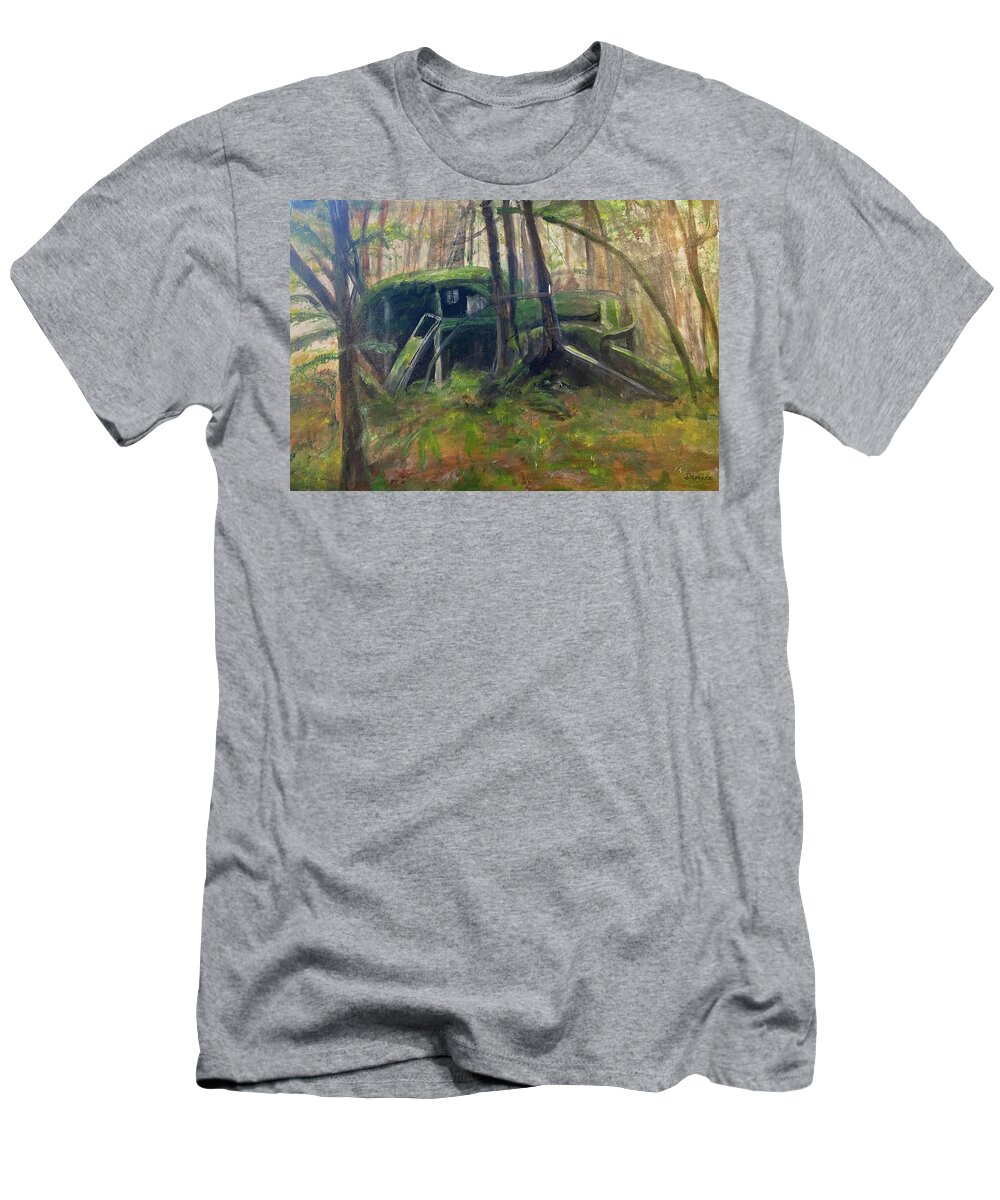 Vintage Car T-Shirt featuring the painting Moss Covered Car by Denice Palanuk Wilson