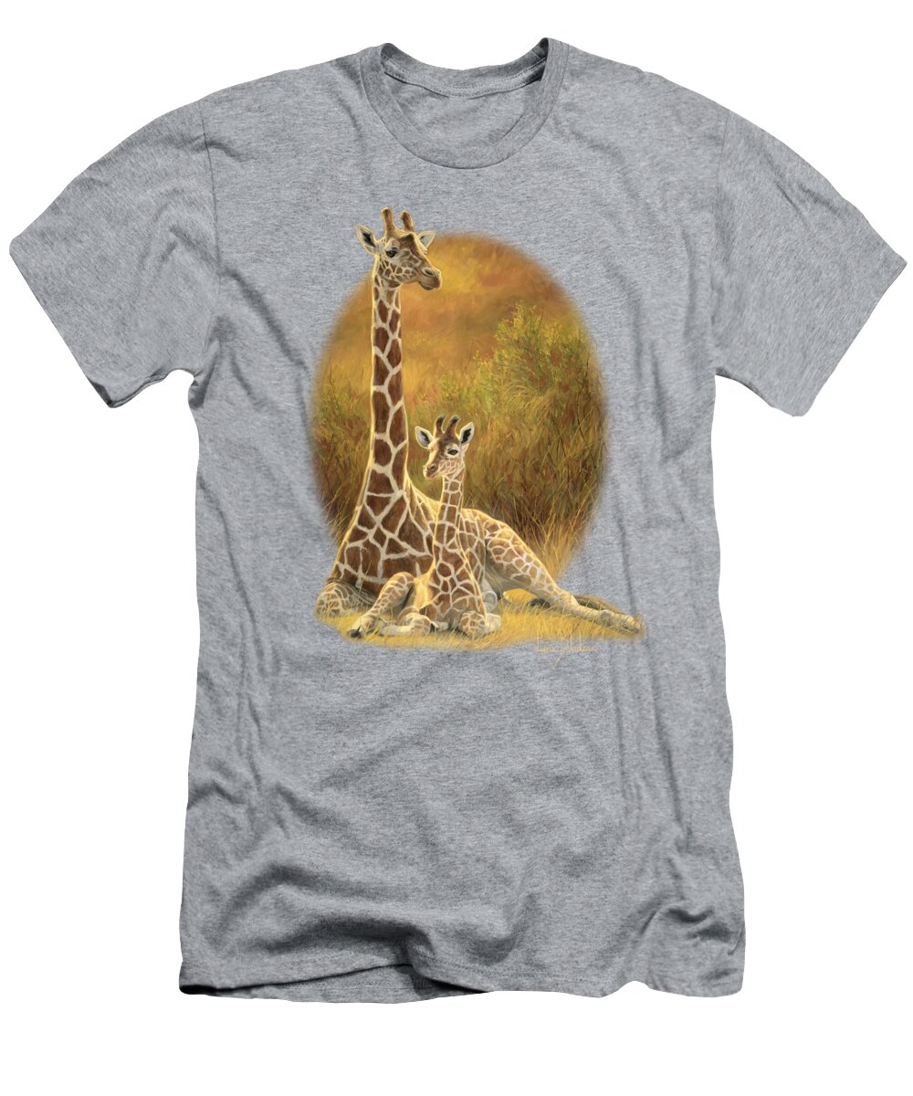 Giraffe T-Shirt featuring the painting Mother and Son by Lucie Bilodeau