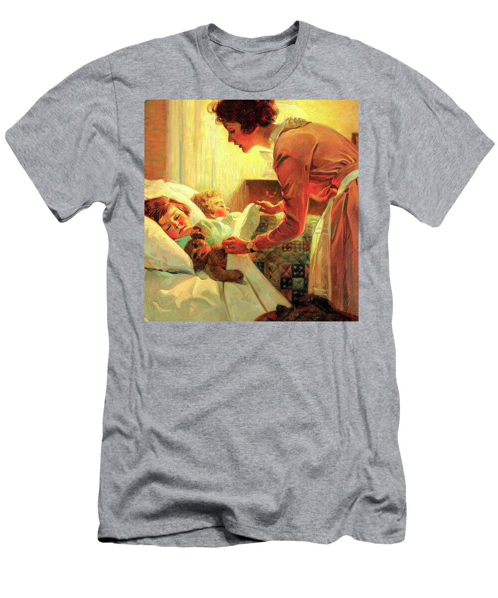 Mother T-Shirt featuring the painting Mother Tucking Children into Bed Cropped by Norman Rockwell