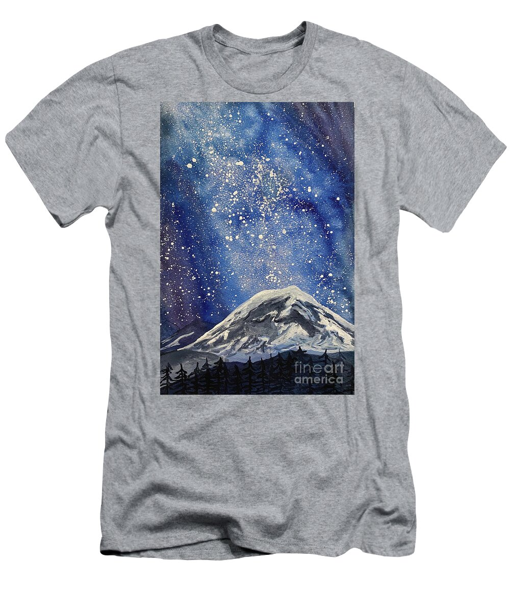 Mount Rainier T-Shirt featuring the painting Mountain with Night Sky by Lisa Neuman