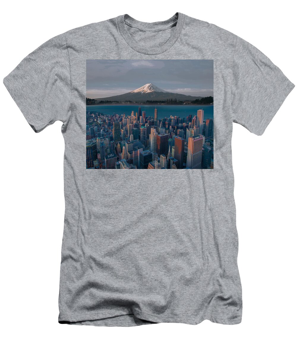 Mt Fuji And Chicago T-Shirt featuring the digital art Mt Fuji and Chicago by Celestial Images