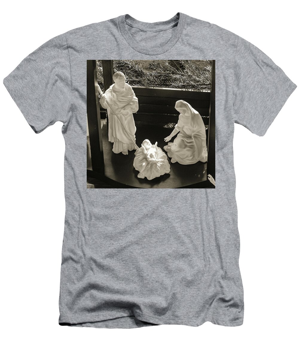 Nativity Mary Joseph Baby Jesus B&w T-Shirt featuring the photograph Nativity2 by John Linnemeyer