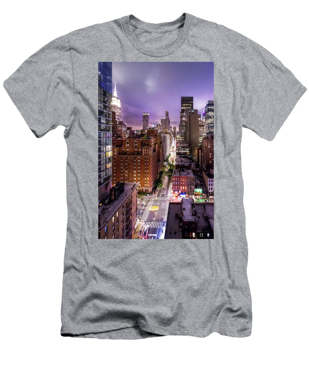 New York T-Shirt featuring the photograph New York City At Night From The Rooftops by Nicklas Gustafsson