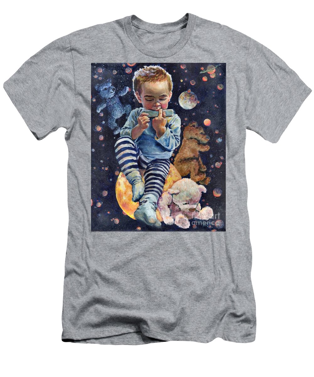 Boy T-Shirt featuring the painting Nocturne on Harmonica for Bear Trio by Merana Cadorette