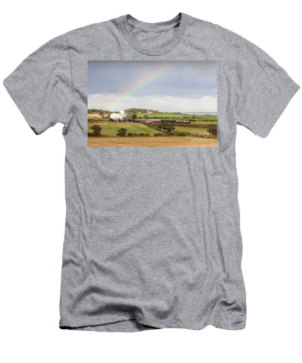Weybourne T-Shirt featuring the photograph Norfolk steam train with Weybourne windmill and rainbow by Simon Bratt