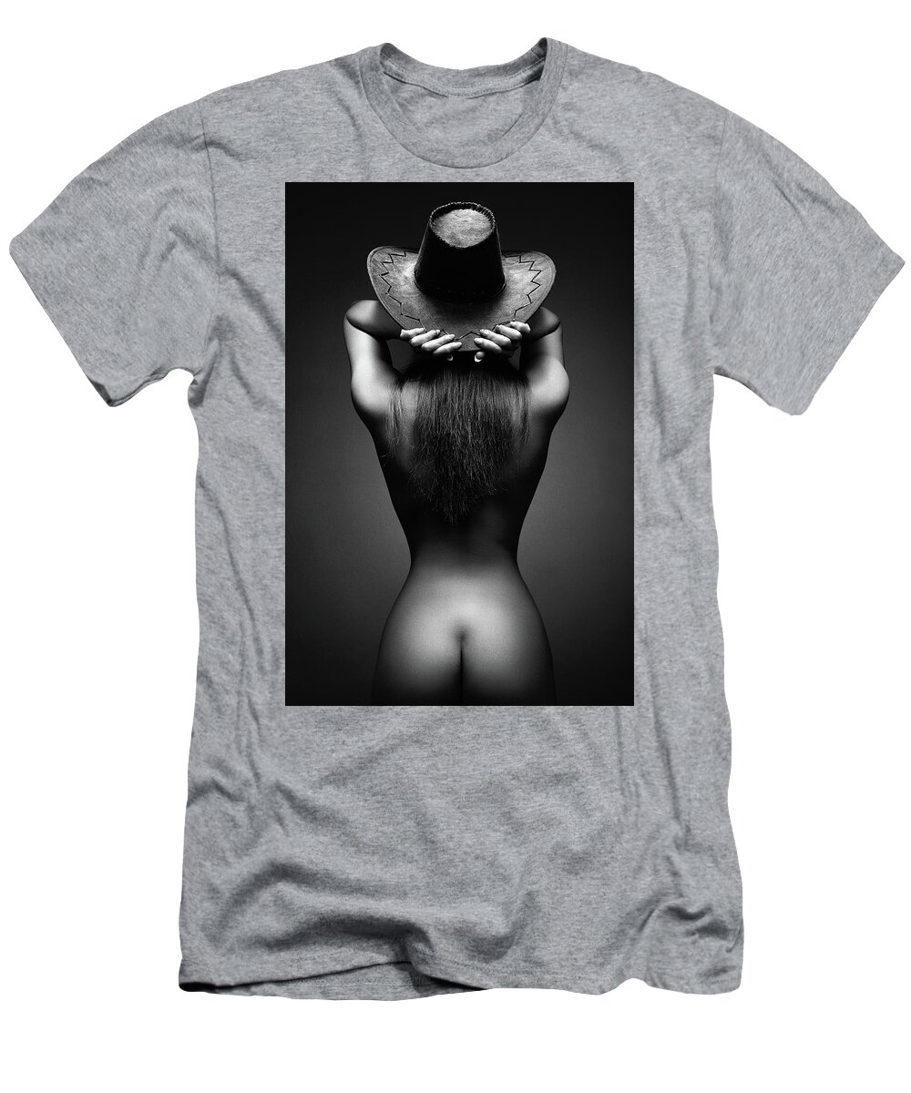 Woman T-Shirt featuring the photograph Nude woman cowboy hat 2 by Johan Swanepoel