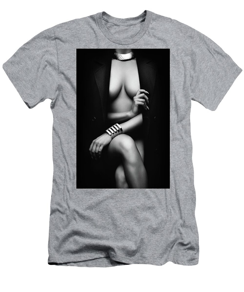 Woman T-Shirt featuring the photograph Nude Woman with jacket 1 by Johan Swanepoel