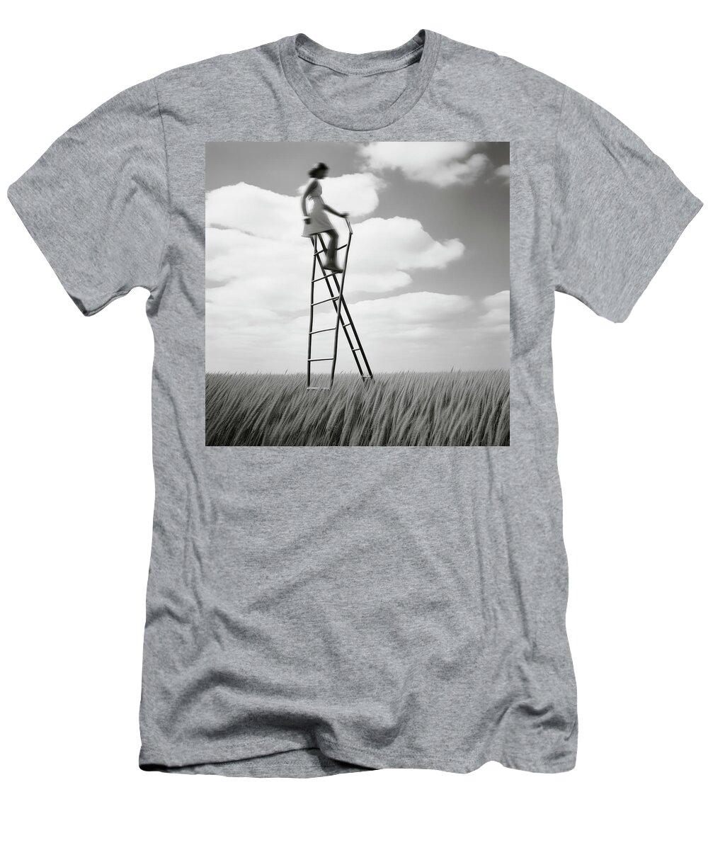 Black And White T-Shirt featuring the digital art On Her Ladder Surveying the Crops by YoPedro