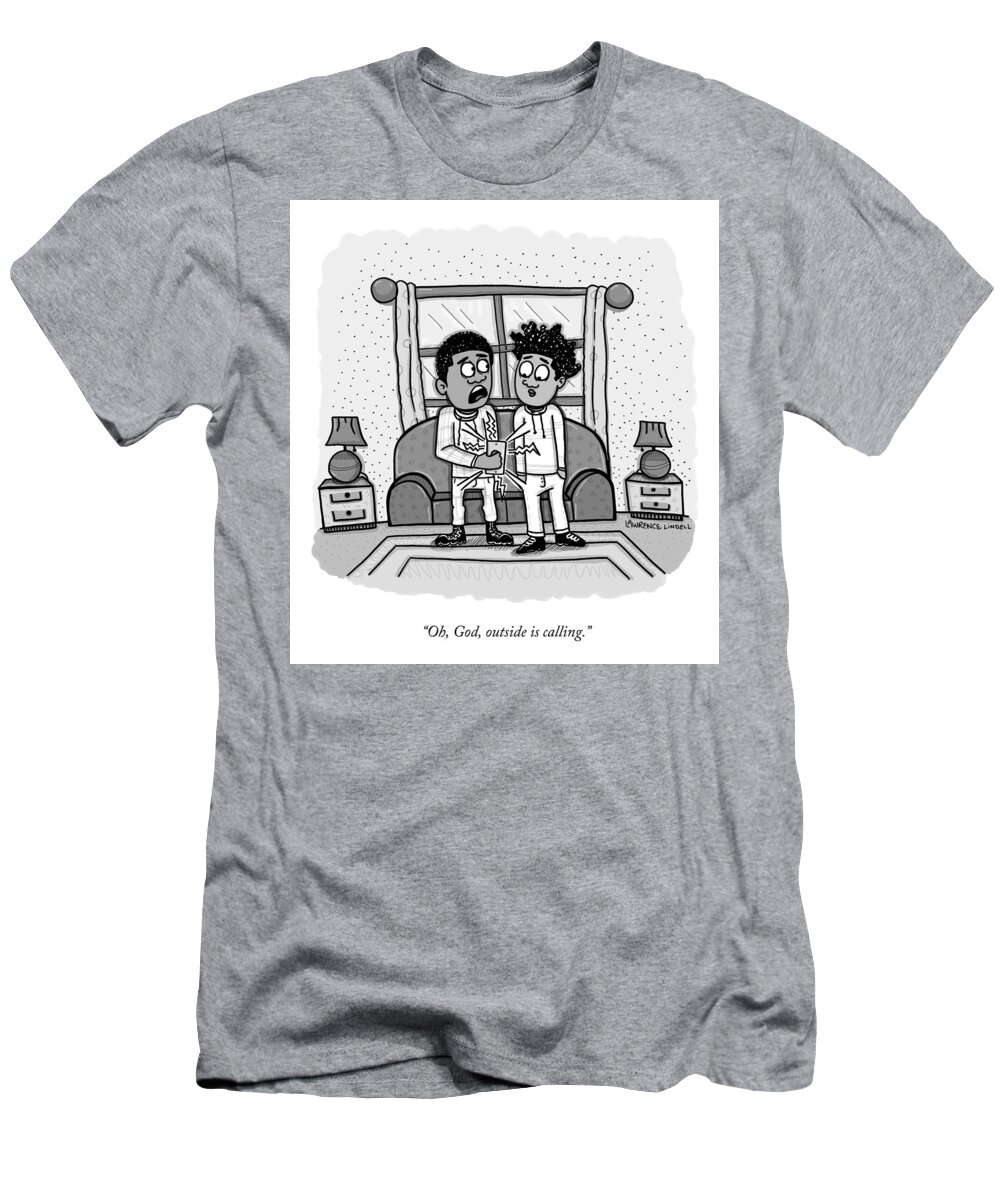 “oh T-Shirt featuring the drawing Outside is Calling by Lawrence Lindell