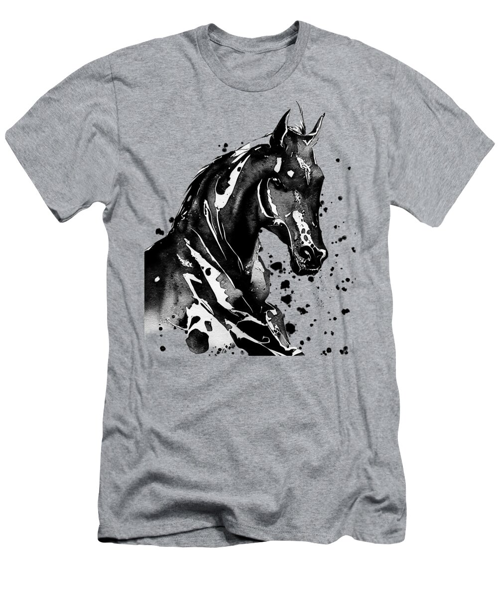 Horse T-Shirt featuring the digital art Paint-Washed Silhouette of a Racehorse With a Splattered Background Digitally Enhanced by OLena Art by Lena Owens - Vibrant DESIGN