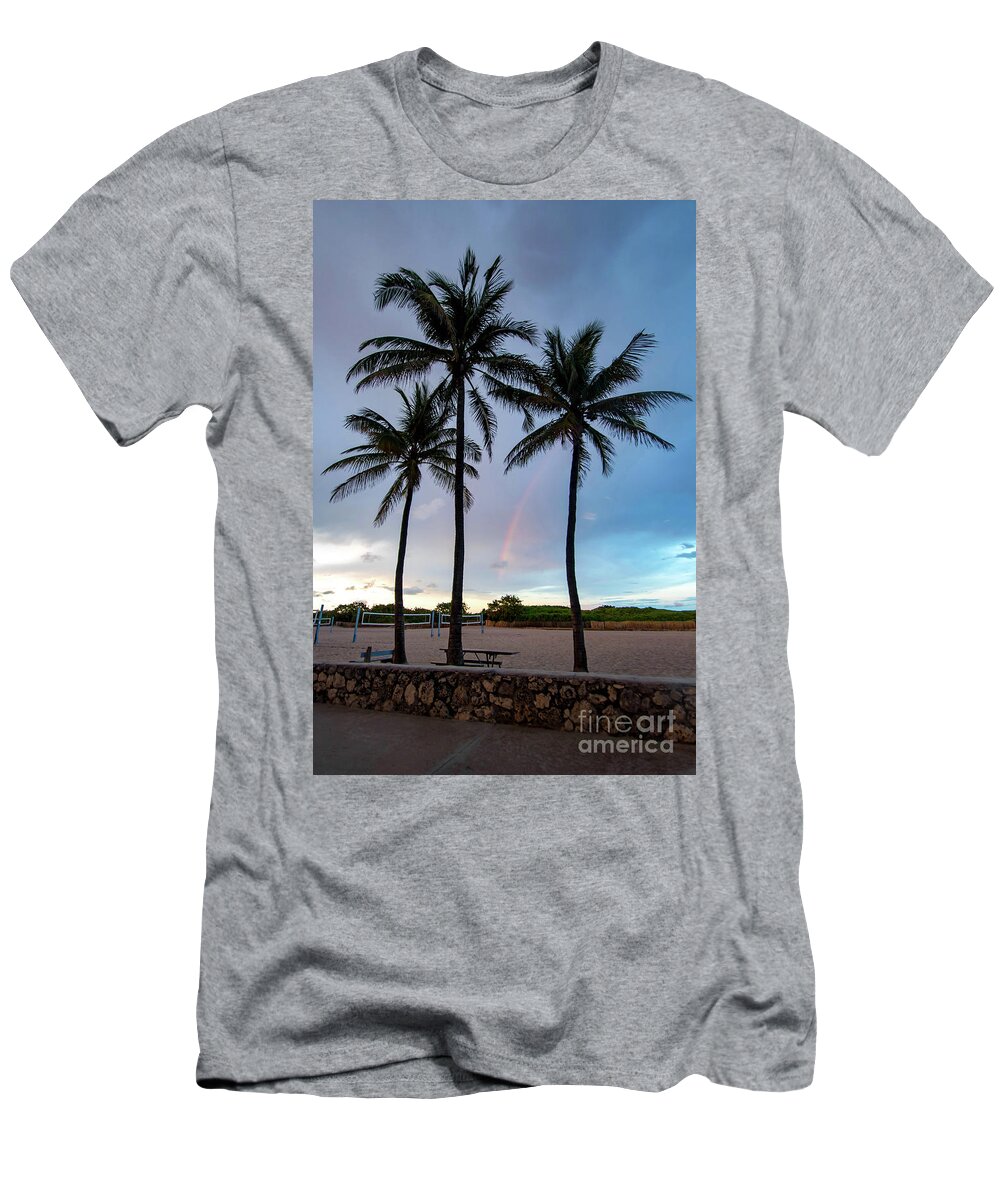 Rainbow T-Shirt featuring the photograph Palm Tree Rainbow, South Beach, Miami, Florida by Beachtown Views