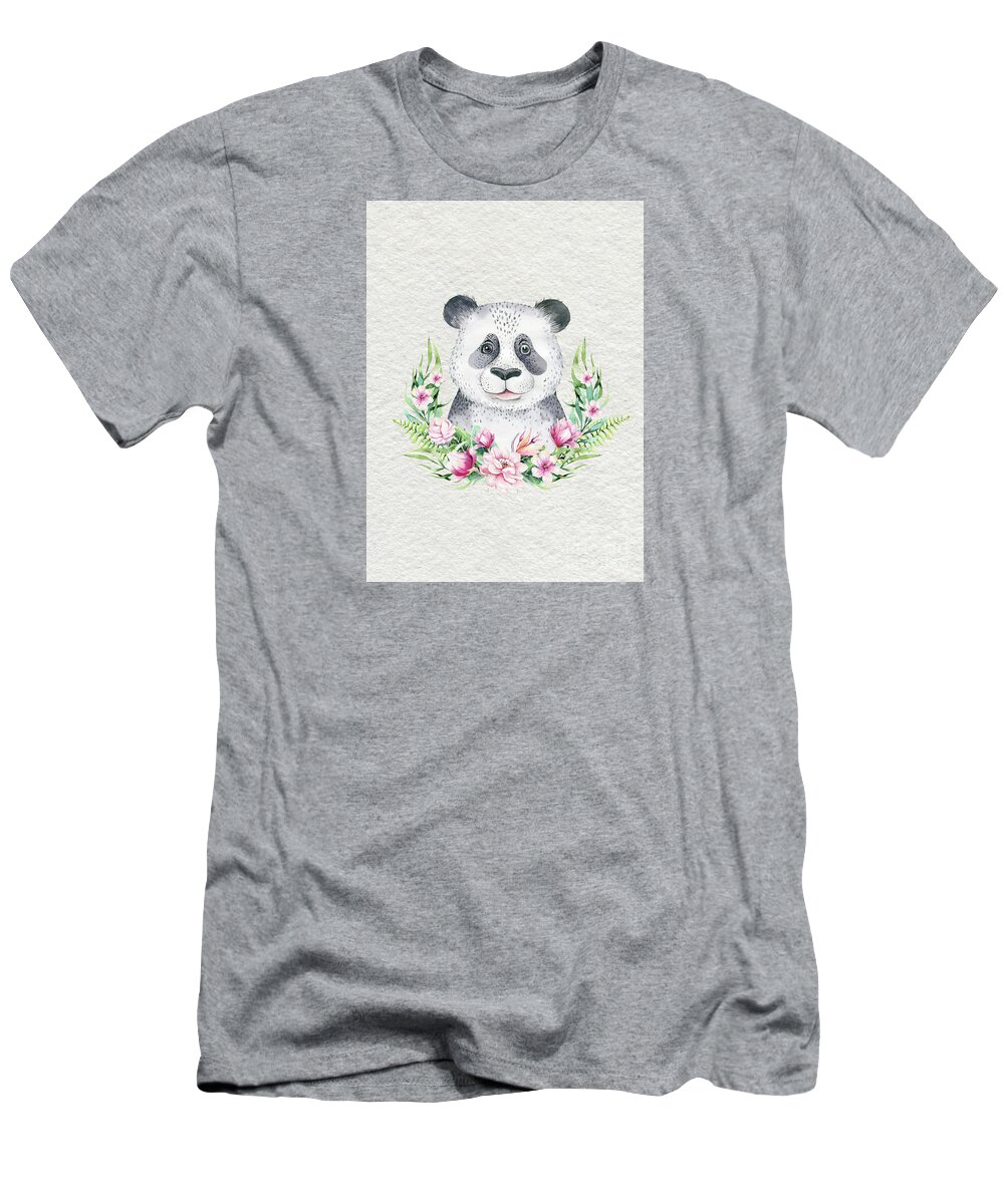 Panda T-Shirt featuring the painting Panda Bear With Flowers by Nursery Art