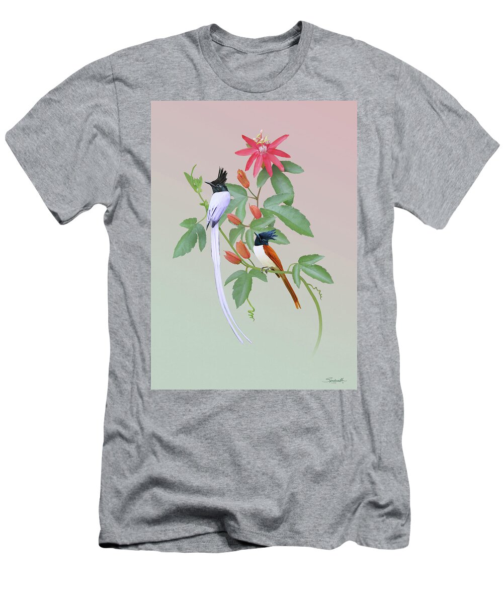 Birds T-Shirt featuring the digital art Passion Flower and Flycatchers by M Spadecaller