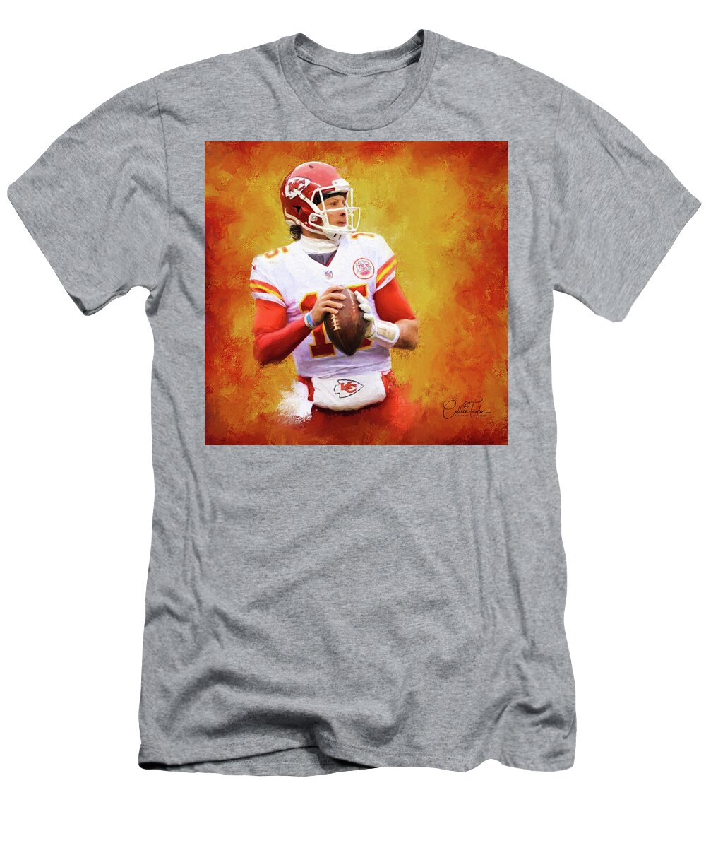 Patrick Mahomes T-Shirt featuring the mixed media Patrick Mahomes - Kansas City Chiefs by Colleen Taylor