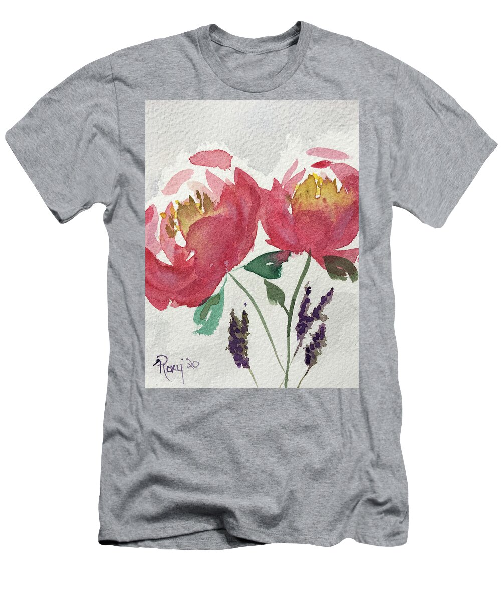 Peony T-Shirt featuring the painting Peonies and Lavender by Roxy Rich