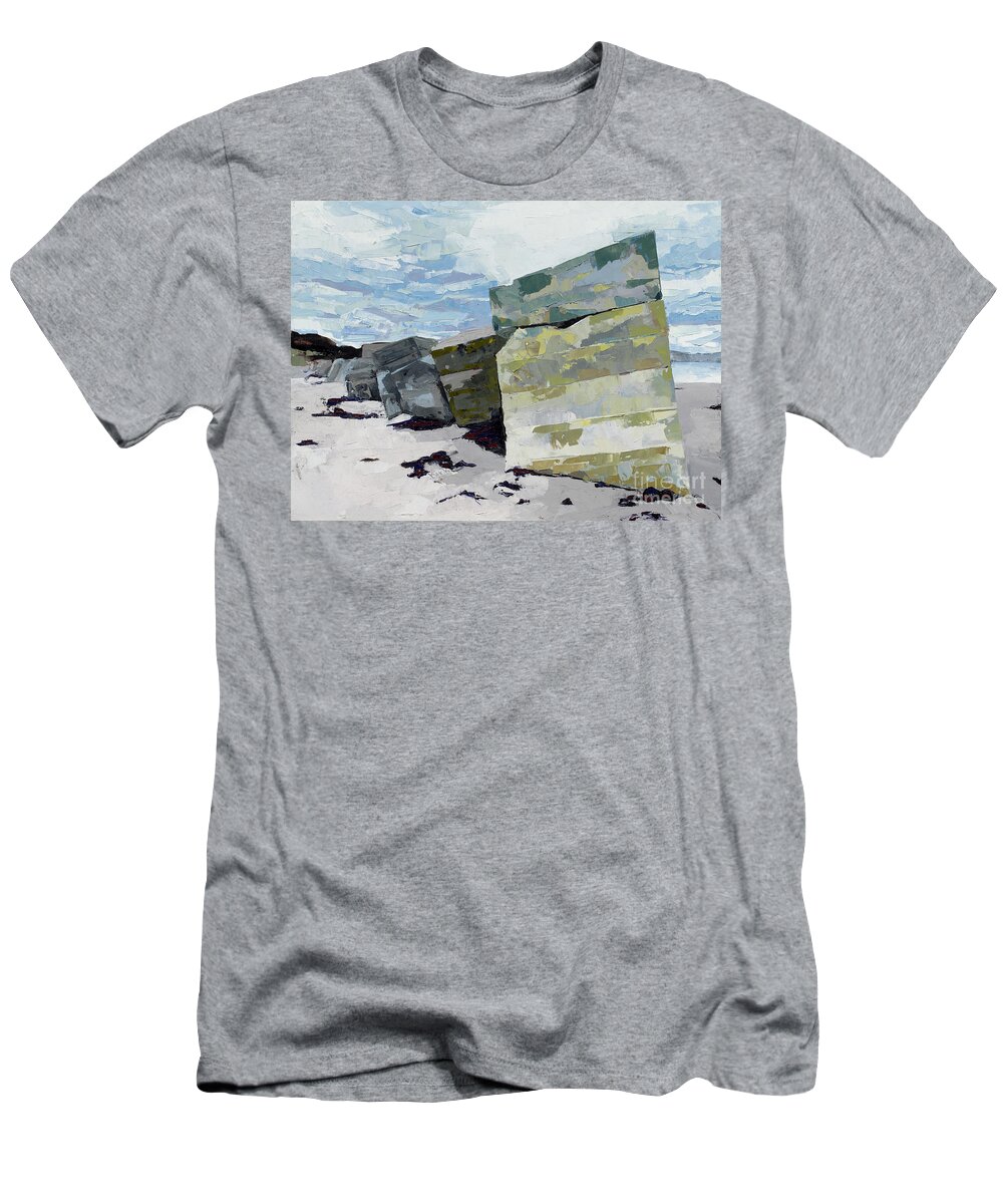 Oil Painting T-Shirt featuring the painting Pill Boxes - Roseisle Beach, 2015 by PJ Kirk
