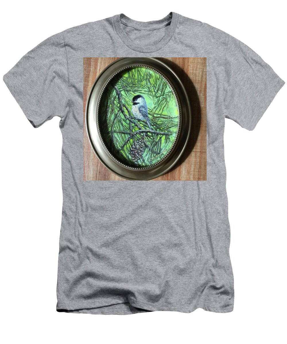 Bird T-Shirt featuring the painting Pine Cone Chickadee by Kathleen McDermott