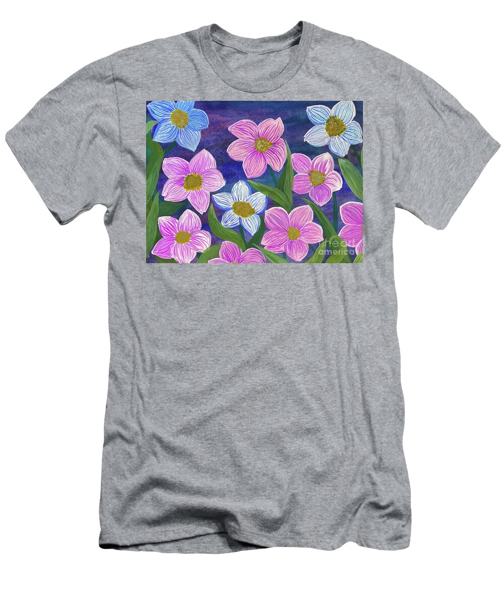 Pink T-Shirt featuring the mixed media Pink and Blue Flowers by Lisa Neuman